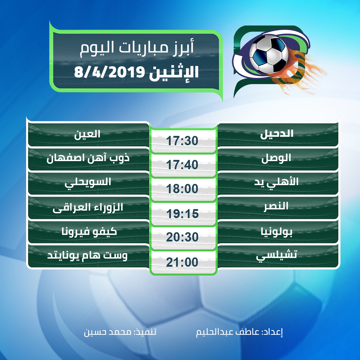 أبرز مباريات اليوم الاثنين 08/4/2019