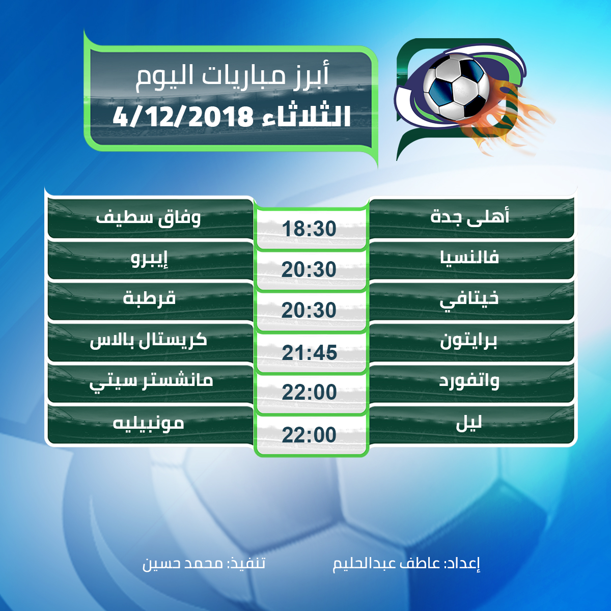 أبرز مباريات اليوم الثلاثاء 03/12/2018
