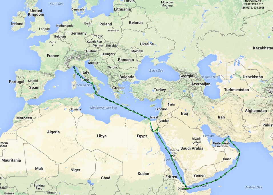 خريطة توضح خط سير الشاحنة "جولي كوبلتو" من جنوة إلى الإمارات عبر جدة (MarineTraffic.com)