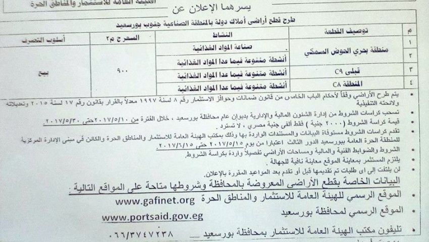 غداً.. طرح كراسات الشروط لشراء أراضى المنطقة الصناعية ببورسعيد